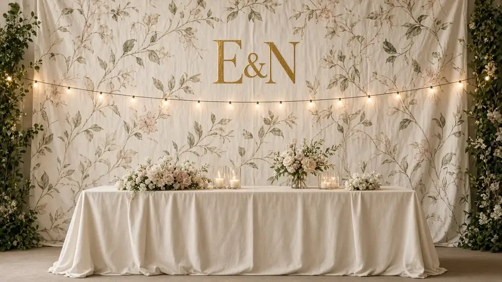 Floral wedding backdrop behind a reception head table