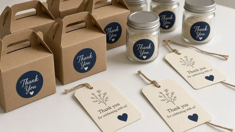Kraft favor boxes and jars with round stickers and hanging favor tags