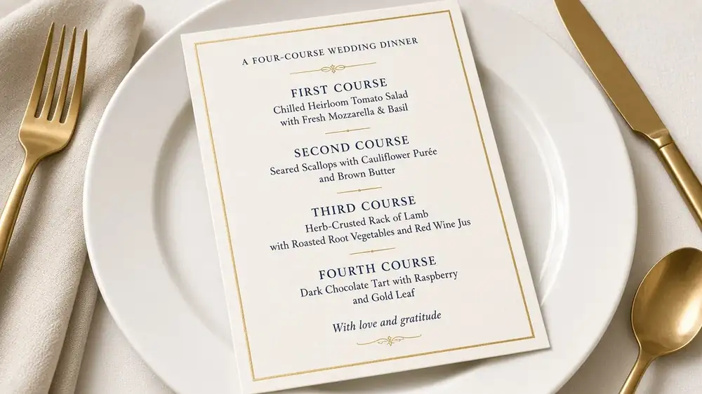 Wedding menu on a plate with gold flatware