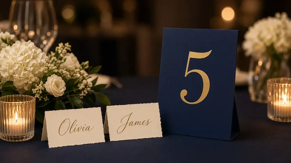 Navy 'Table 5' number and gold-script place cards on a reception table