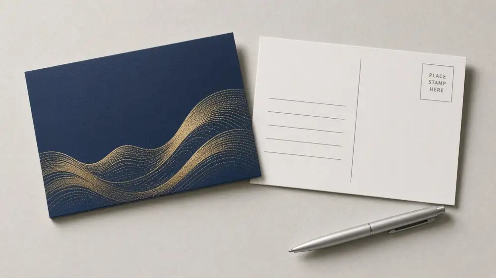 Front and back of sample postcards beside a pen on a white desk