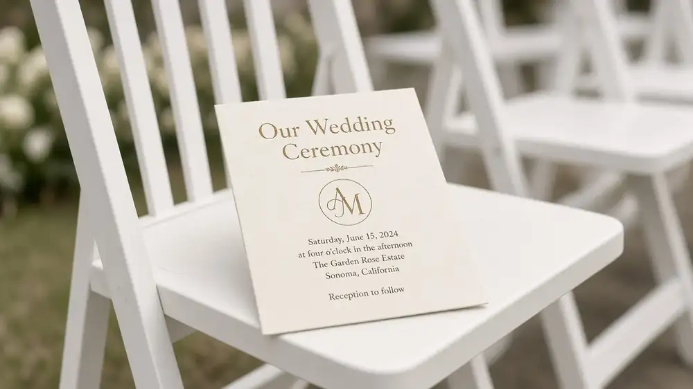 Wedding program resting on a white ceremony chair