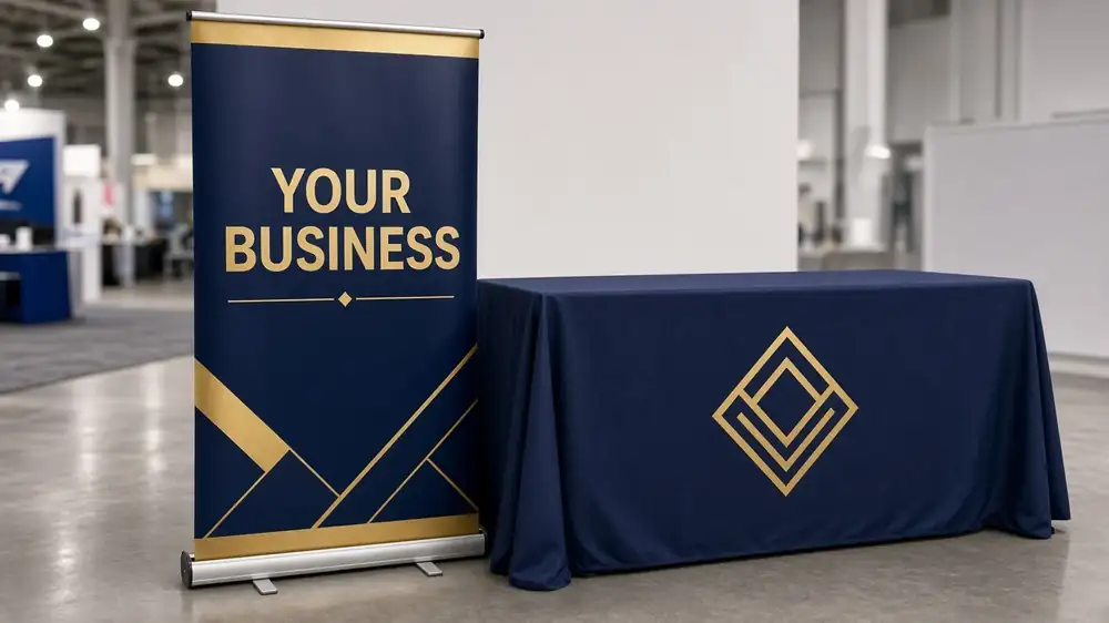 Sample retractable banner and printed table cover at a trade show booth