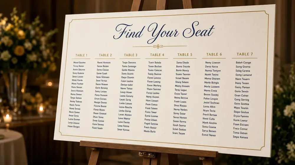 'Find Your Seat' wedding seating chart on an easel outdoors