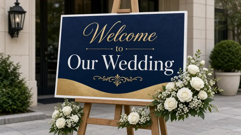 Wedding welcome sign on a wooden easel with flowers